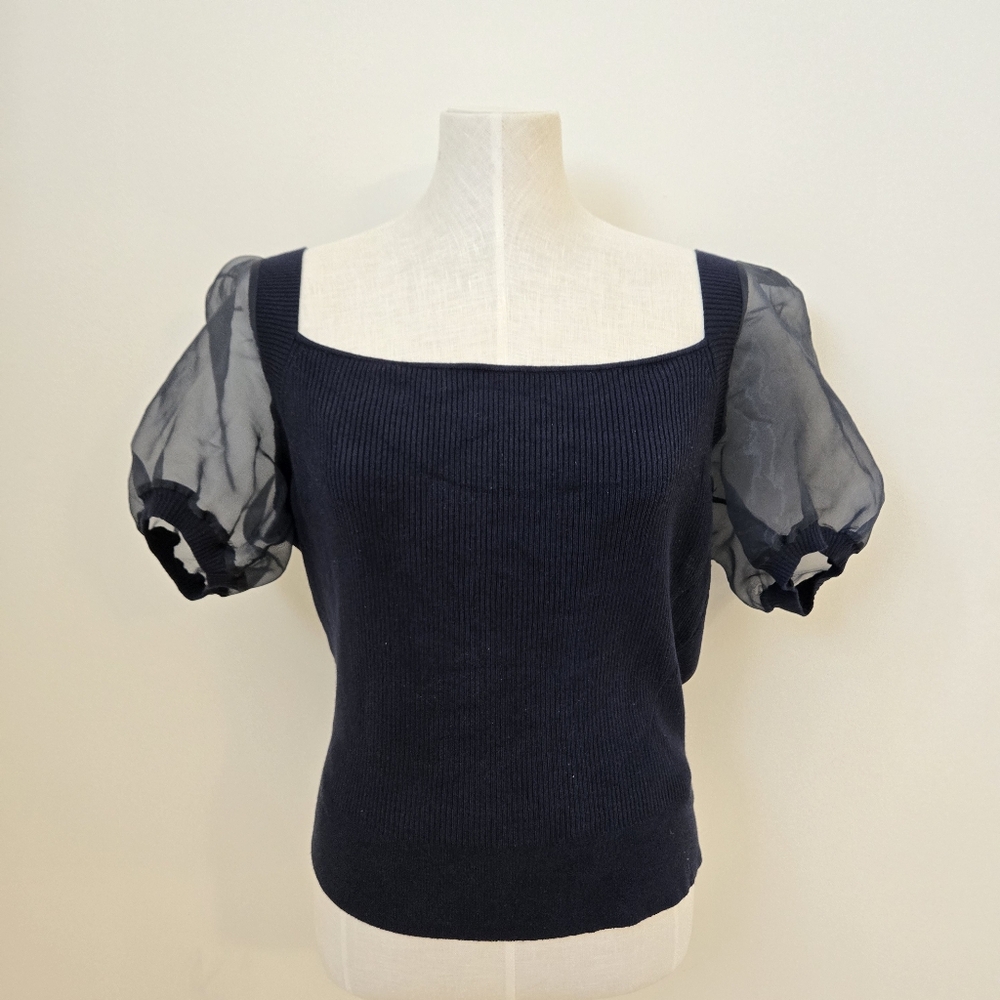 French Connection Navy Square Neck Ribbed Knit Top Sheer Puff Sleeves Size XL‎